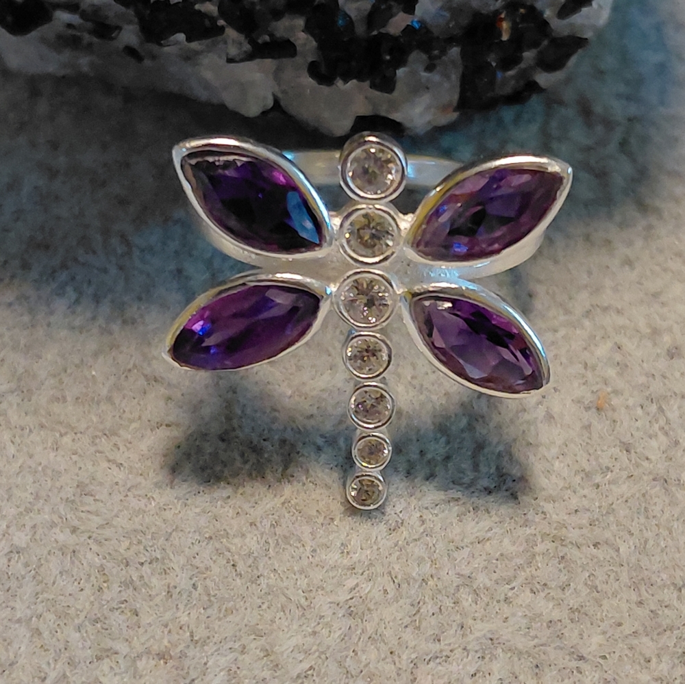Amethyst And CZ Sterling Silver Dragonfly Ring - Picture 6 of 9